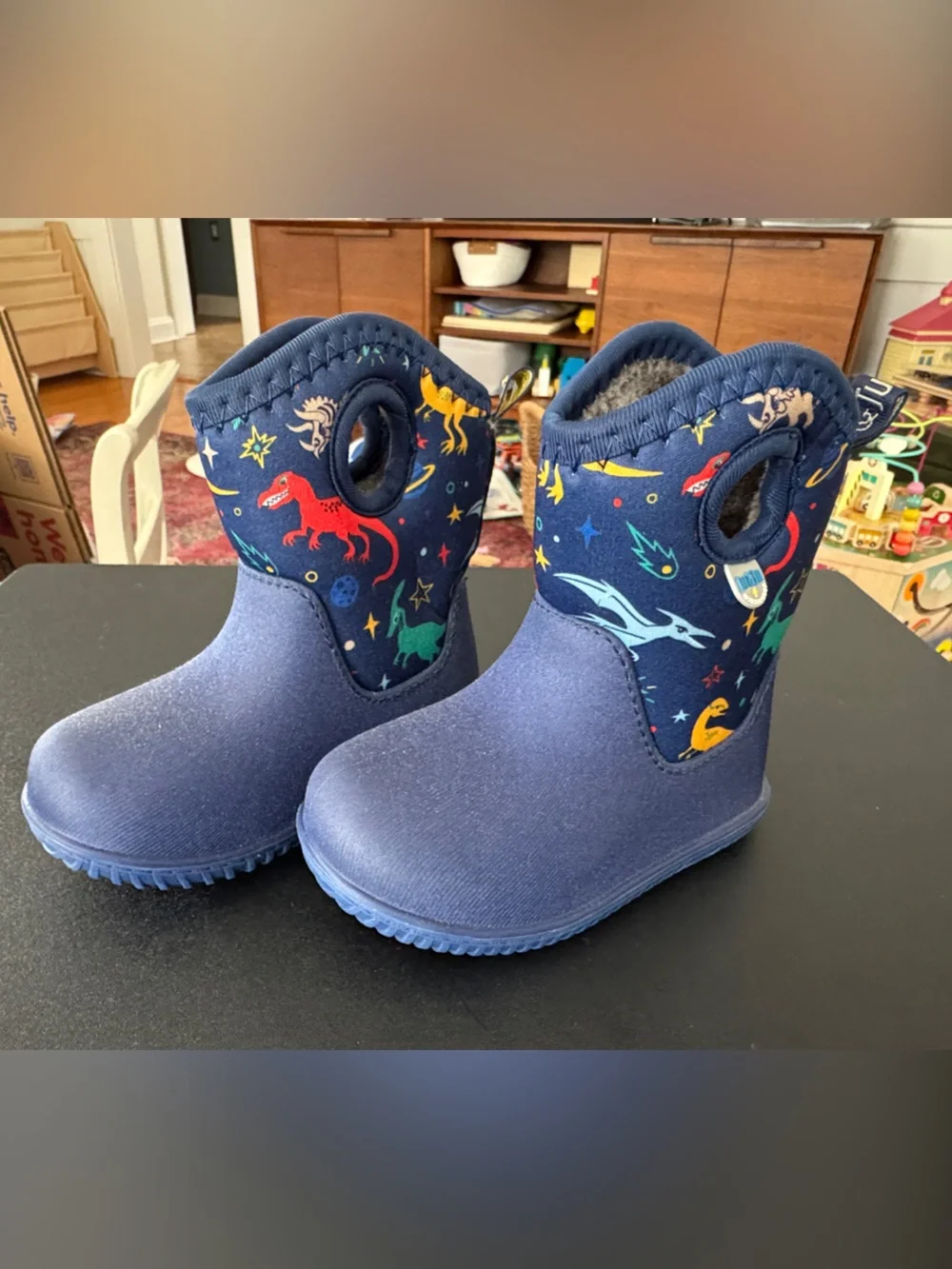 Kids Navy Blue Dino & Space Print Rain Boots with Easy-Grab Handles